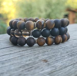 Tigers Eye Quartz Sandalwood Bracelet Stack of 3